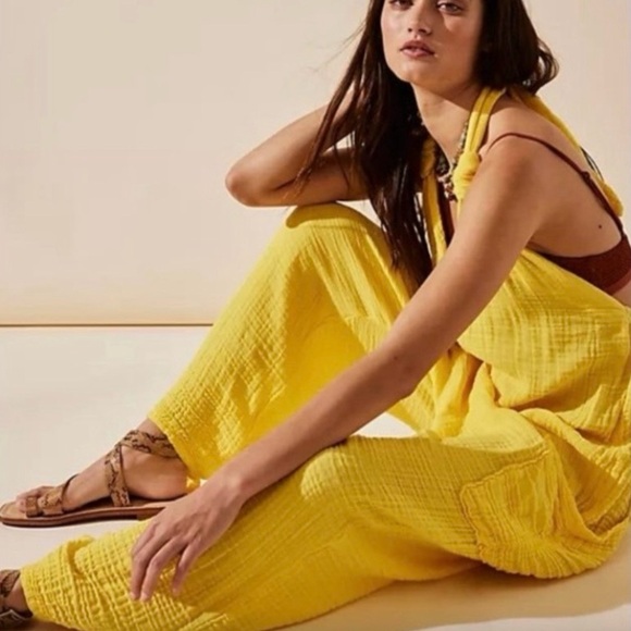 Free People Pants - Free People Knot it Up Primrose Yellow Gauze Jumpsuit 💛 Medium Oversized